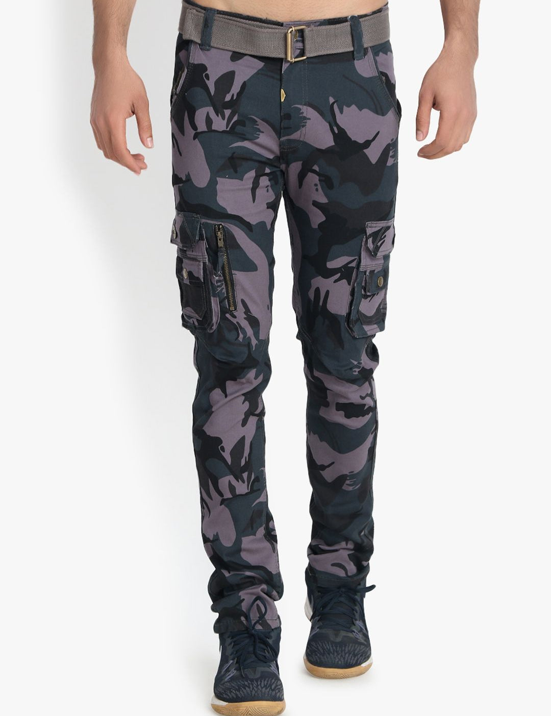 Kotty Men Grey & Blue Regular Fit Printed Cargos