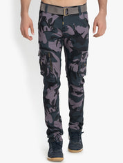 Kotty Men Grey & Blue Regular Fit Printed Cargos