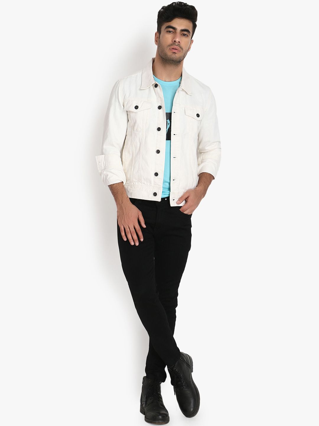 Kotty Men White Solid Denim Jacket 