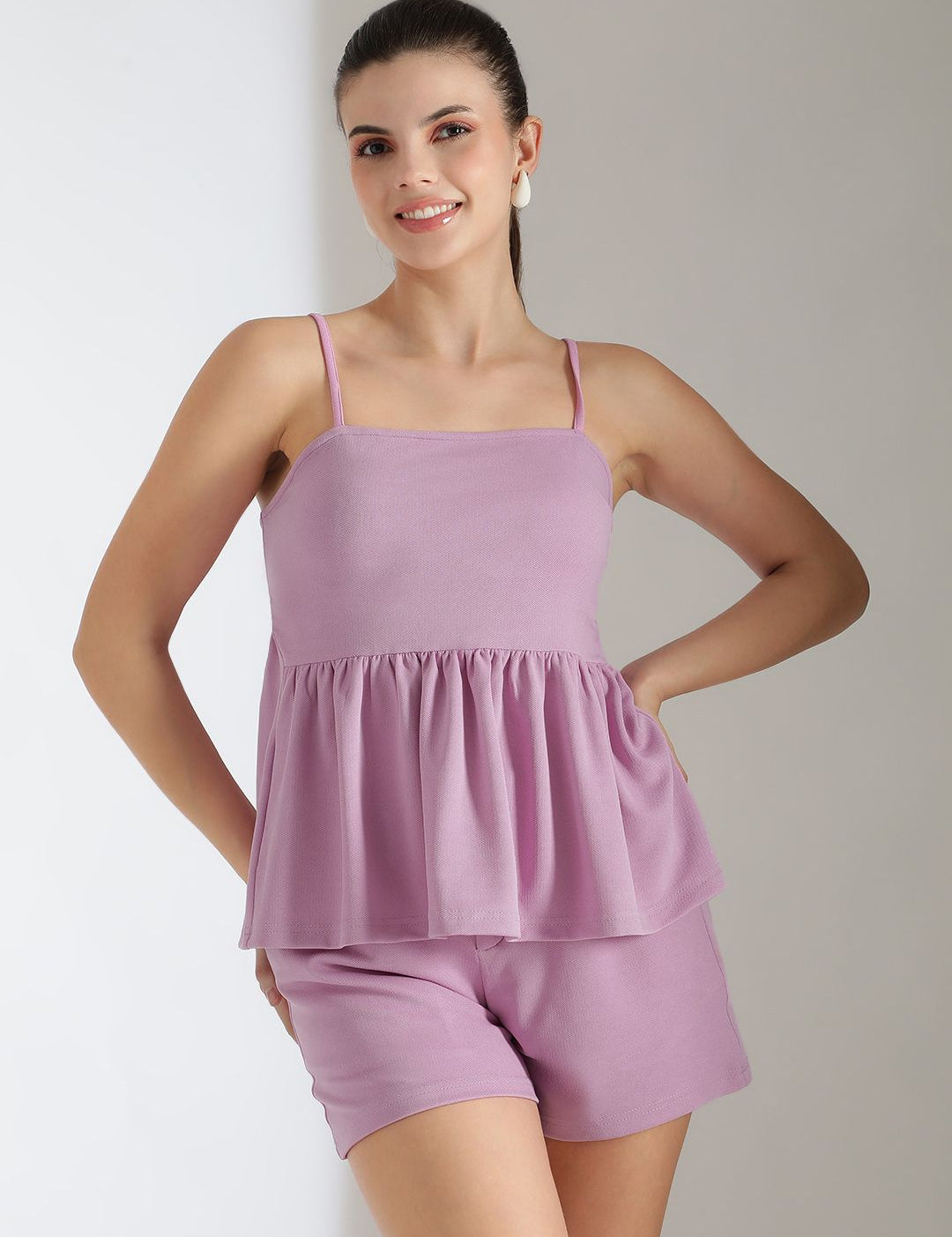 Kotty Purple Shoulder Straps Top With Shorts