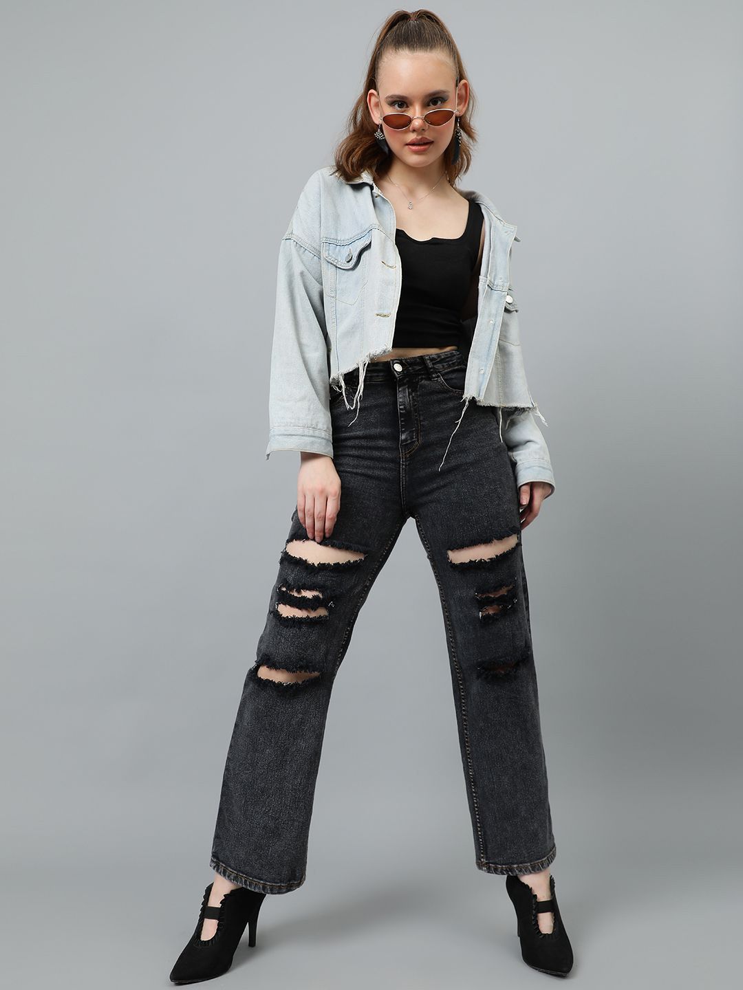 Kotty Women Straight Fit High-Rise Highly Distressed Cotton Stretchable Jeans