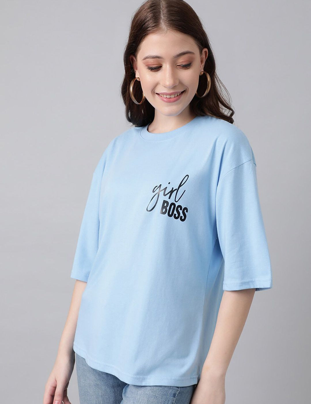 Kotty Typography Printed Drop-Shoulder Sleeves Oversized T-shirt