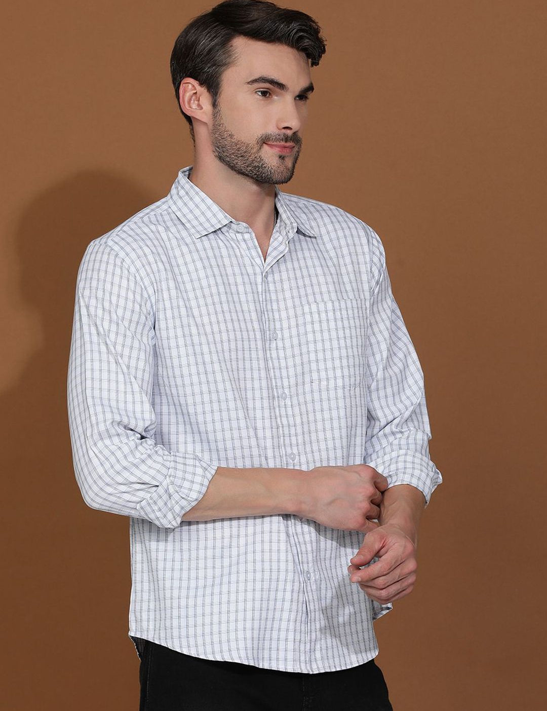 Kotty New Grid Tattersall Checks Spread Collar Casual Shirt