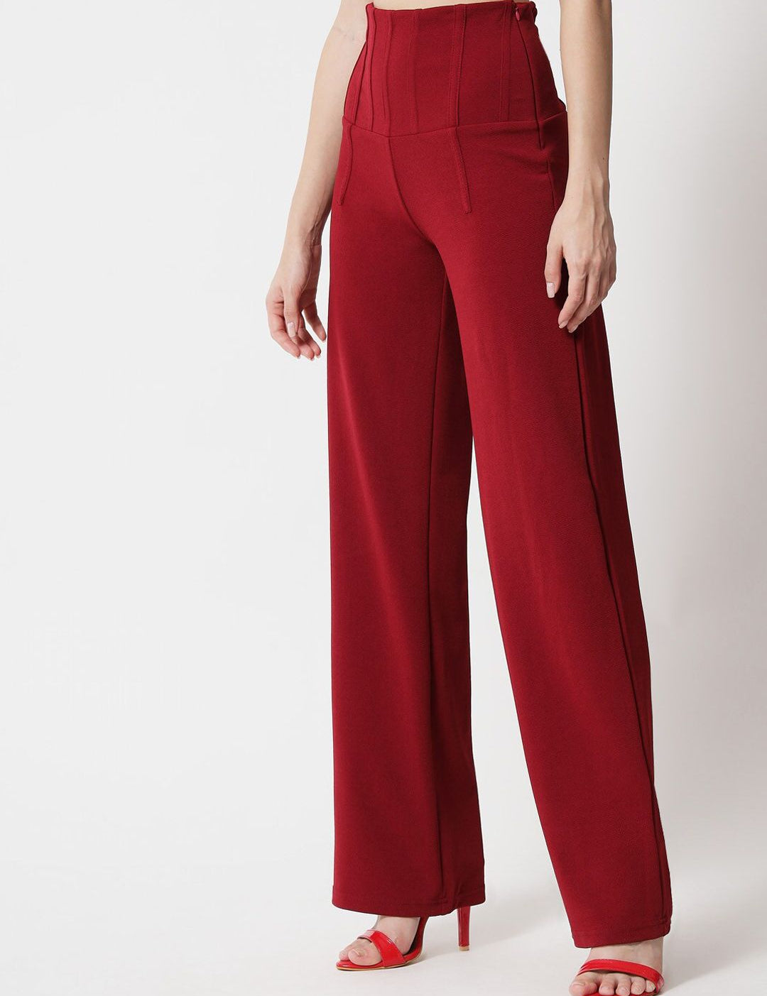 Kotty Women Maroon Relaxed Straight Fit High-Rise Easy Wash Pleated Trousers