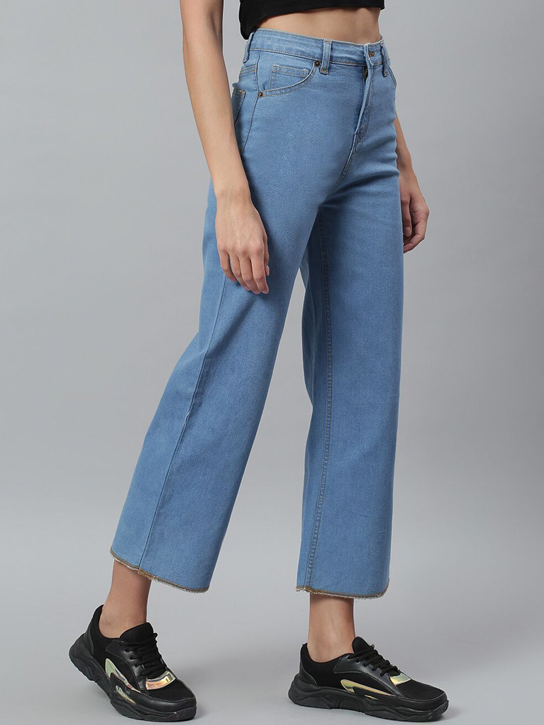 Kotty Women Blue Solid Cotton High Rise Crop Flared Jeans