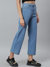 Kotty Women Blue Solid Cotton High Rise Crop Flared Jeans