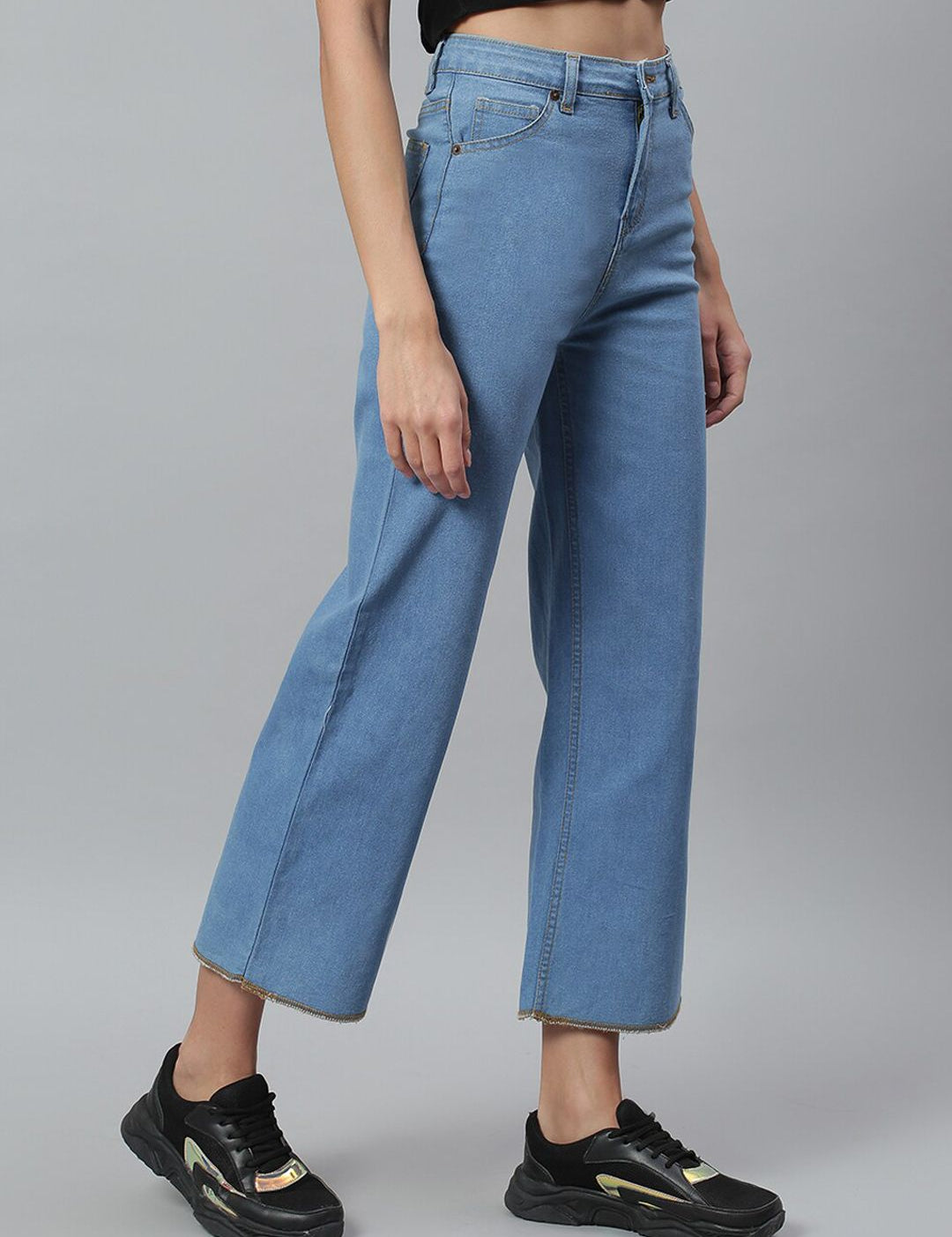 Kotty Women Blue Solid Cotton High Rise Crop Flared Jeans