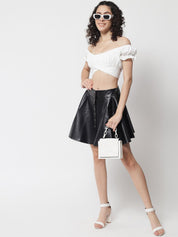 Kotty Women Black Solid Leather Flared Mini Skirts