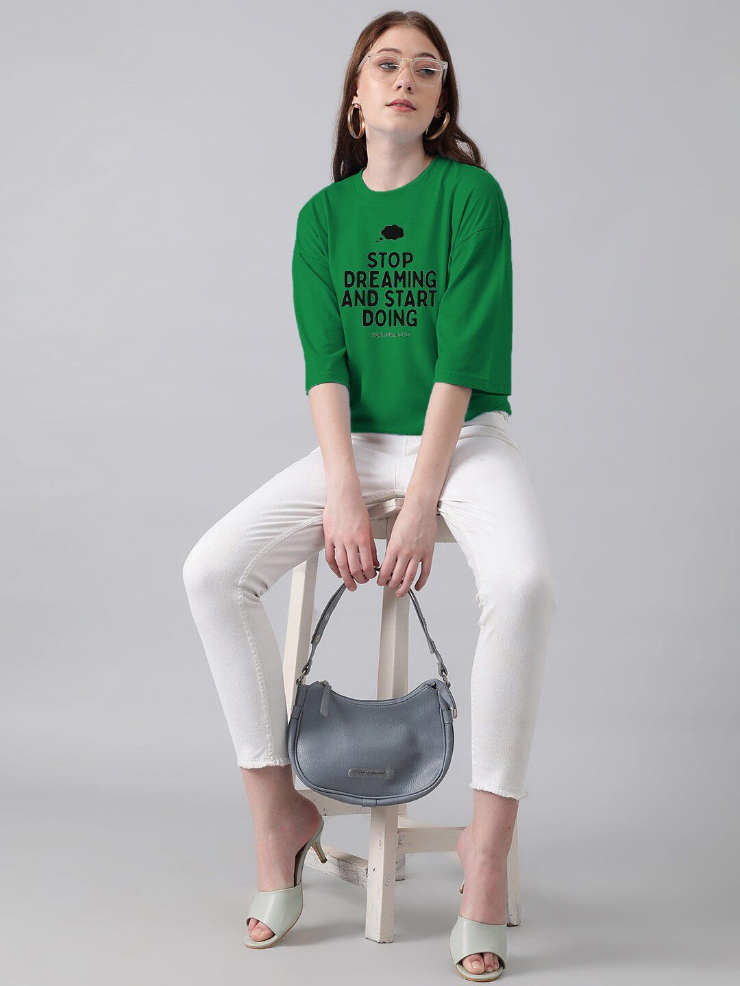 Kotty Green & Black Typography Printed Drop Shoulder Sleeves Oversized Casual T-Shirt