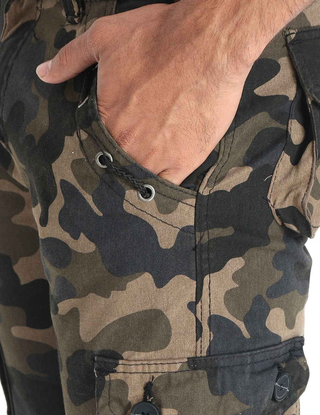 Kotty Men Beige & Green Regular Fit Camouflage Printed Cargos