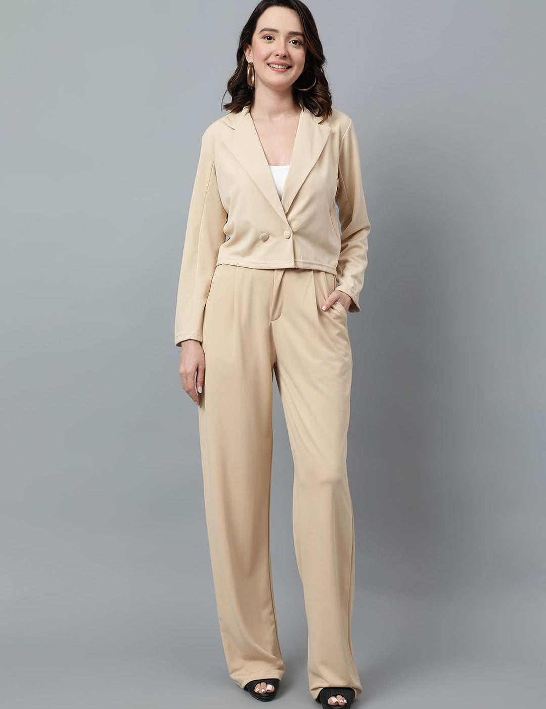 KOTTY BIZwear Beige Notched Lapel Collar Blazer & Mid Rise Trouser
