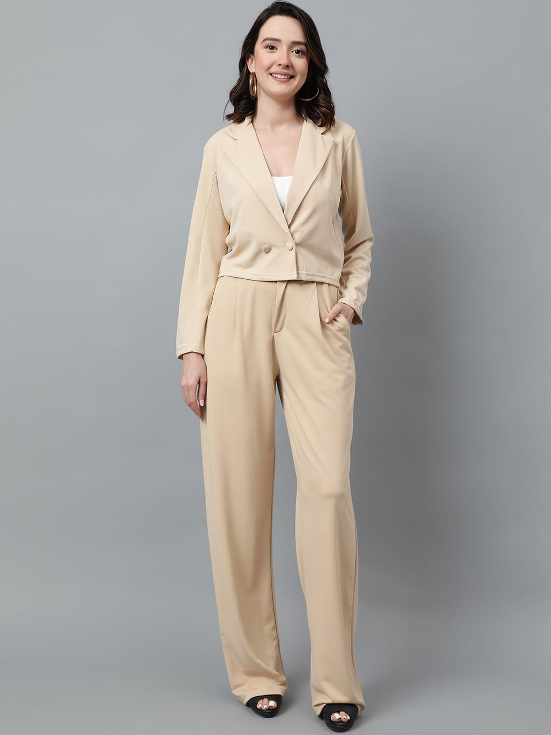 KOTTY BIZwear Beige Notched Lapel Collar Blazer & Mid Rise Trouser