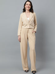 KOTTY BIZwear Beige Notched Lapel Collar Blazer & Mid Rise Trouser
