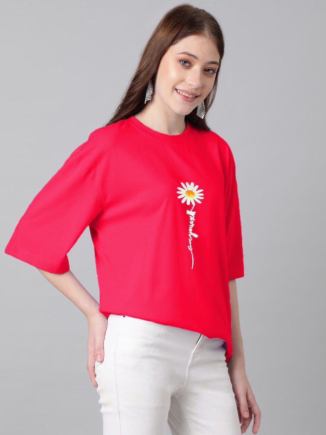 Kotty Floral Printed Round Neck Drop-Shoulder Sleeves Oversized Fit Cotton T-Shirt