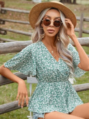 Kotty Green & White Floral Printec Crepe Cinched Waist Top