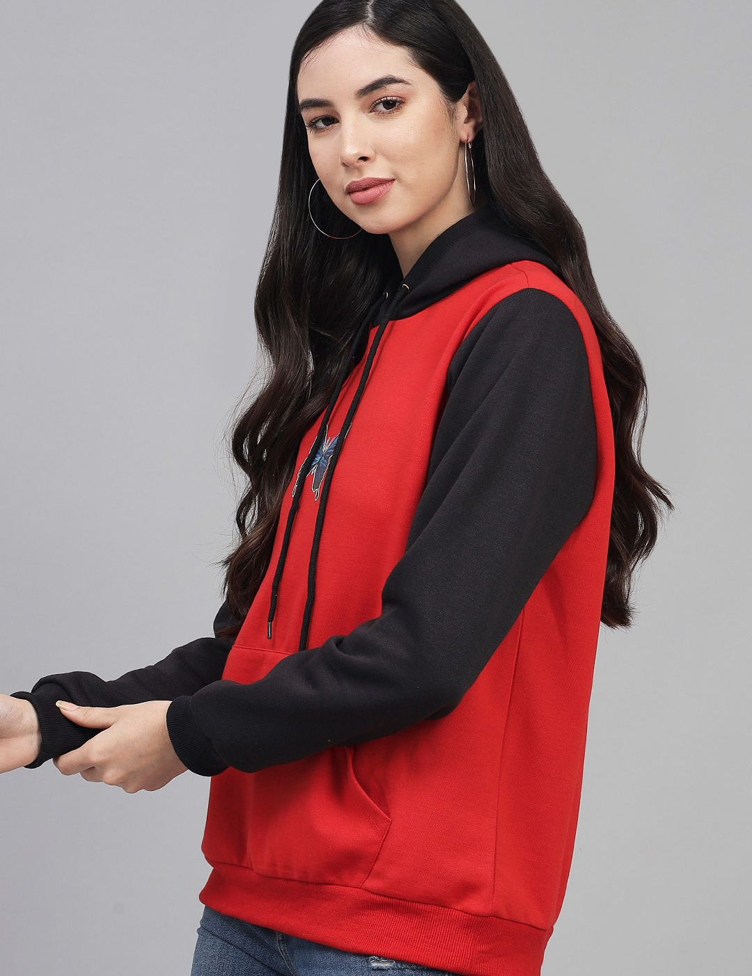 Kotty Women Red & Black Colourblocked Hooded Fleece Sweatshirt