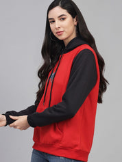 Kotty Women Red & Black Colourblocked Hooded Fleece Sweatshirt