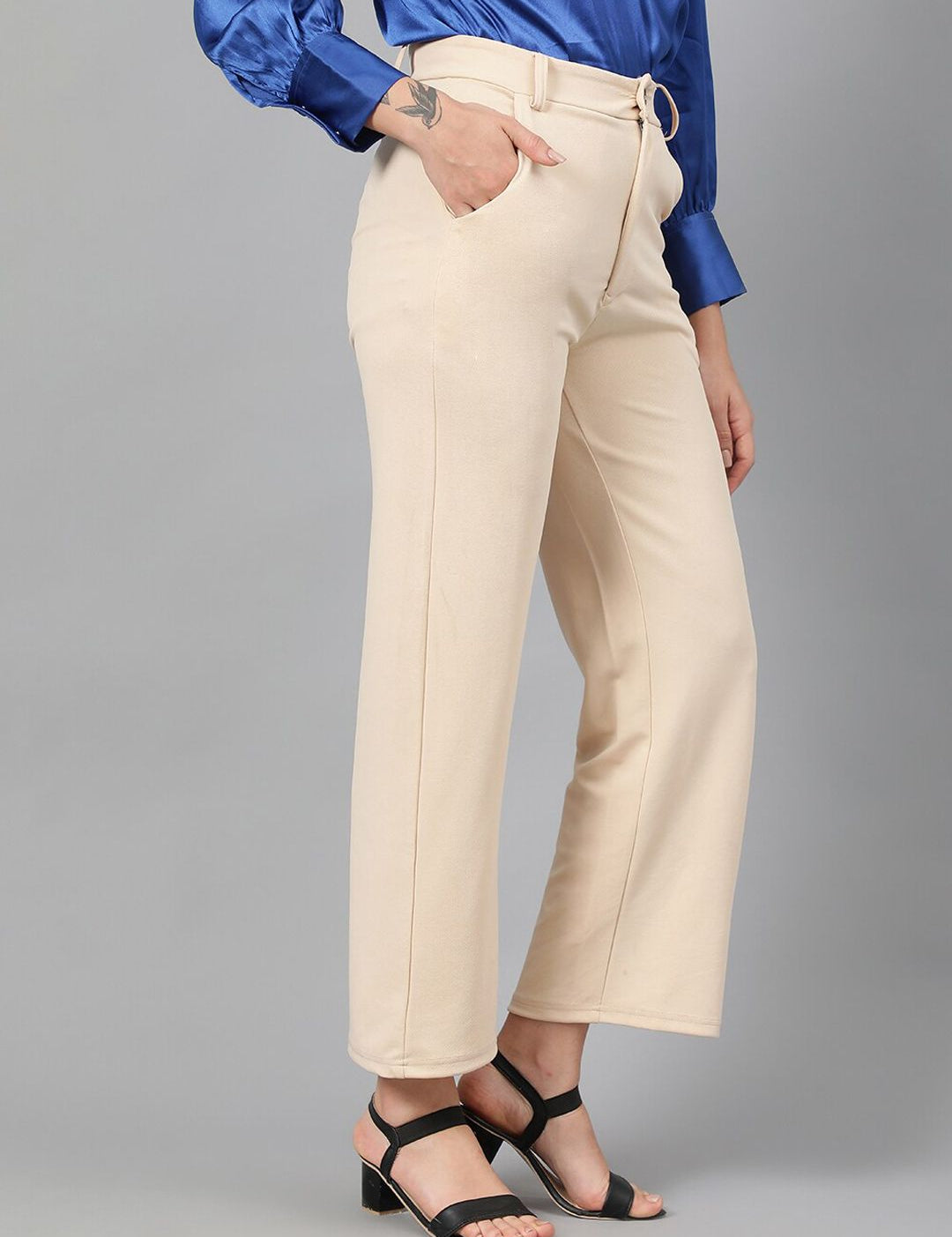 KOTTY BIZwear Women Beige Relaxed Straight Leg Fit High-Rise Easy Wash Trousers