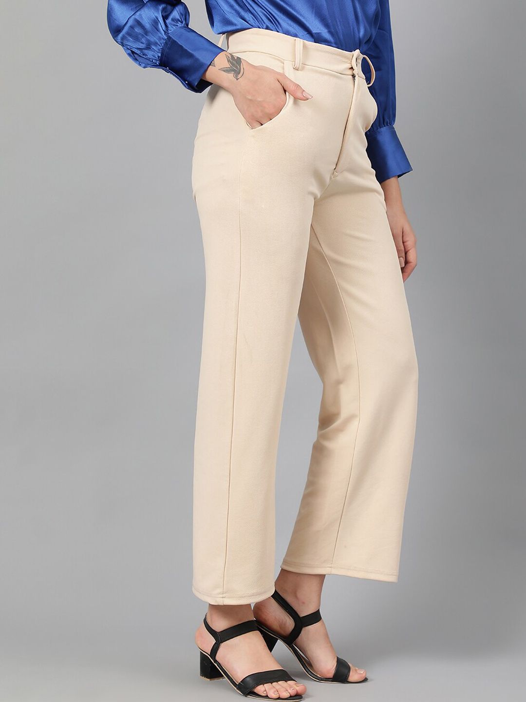 KOTTY BIZwear Women Beige Relaxed Straight Leg Fit High-Rise Easy Wash Trousers