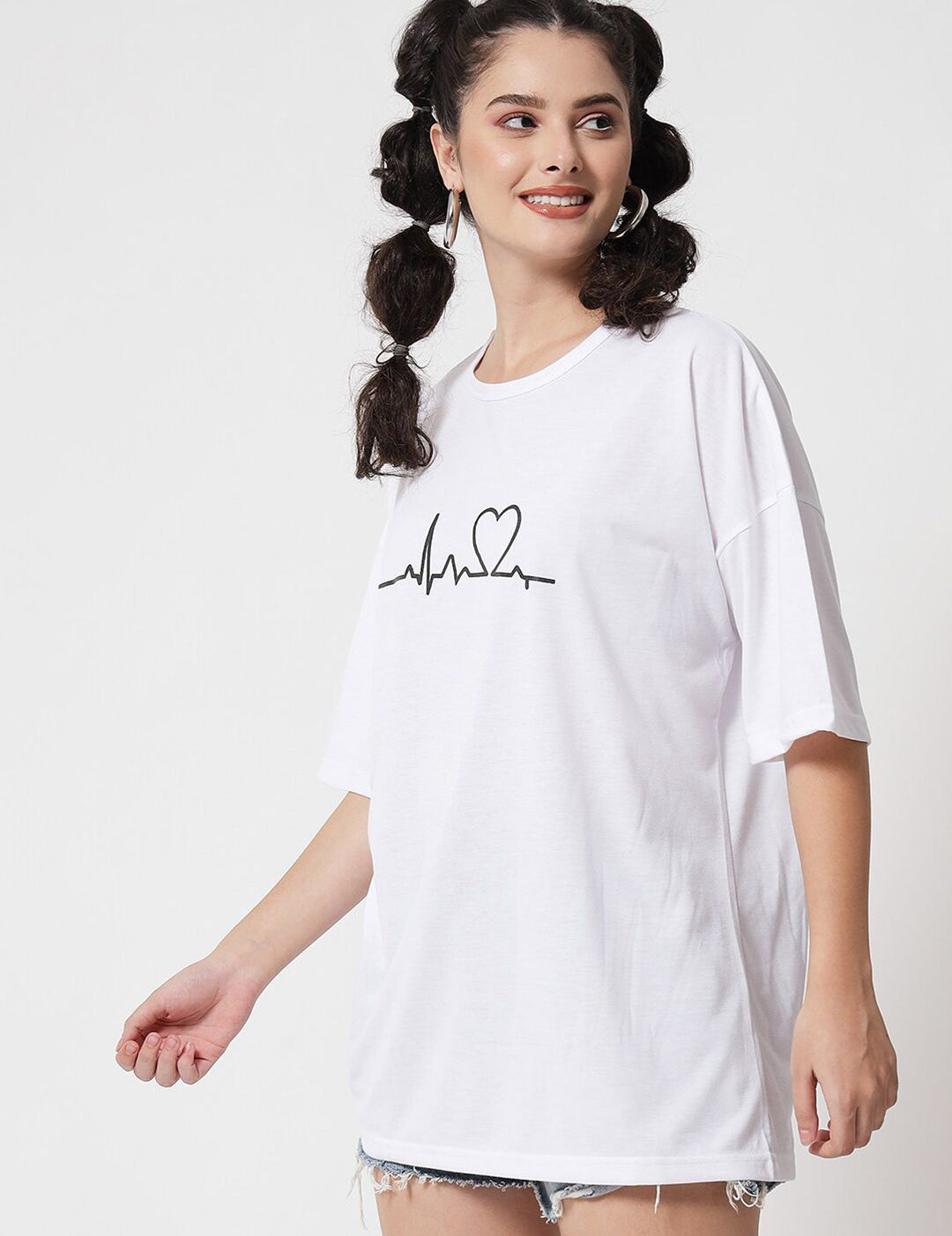 Kotty Women White Typography Printed Drop-Shoulder Sleeves Oversized T-shirt