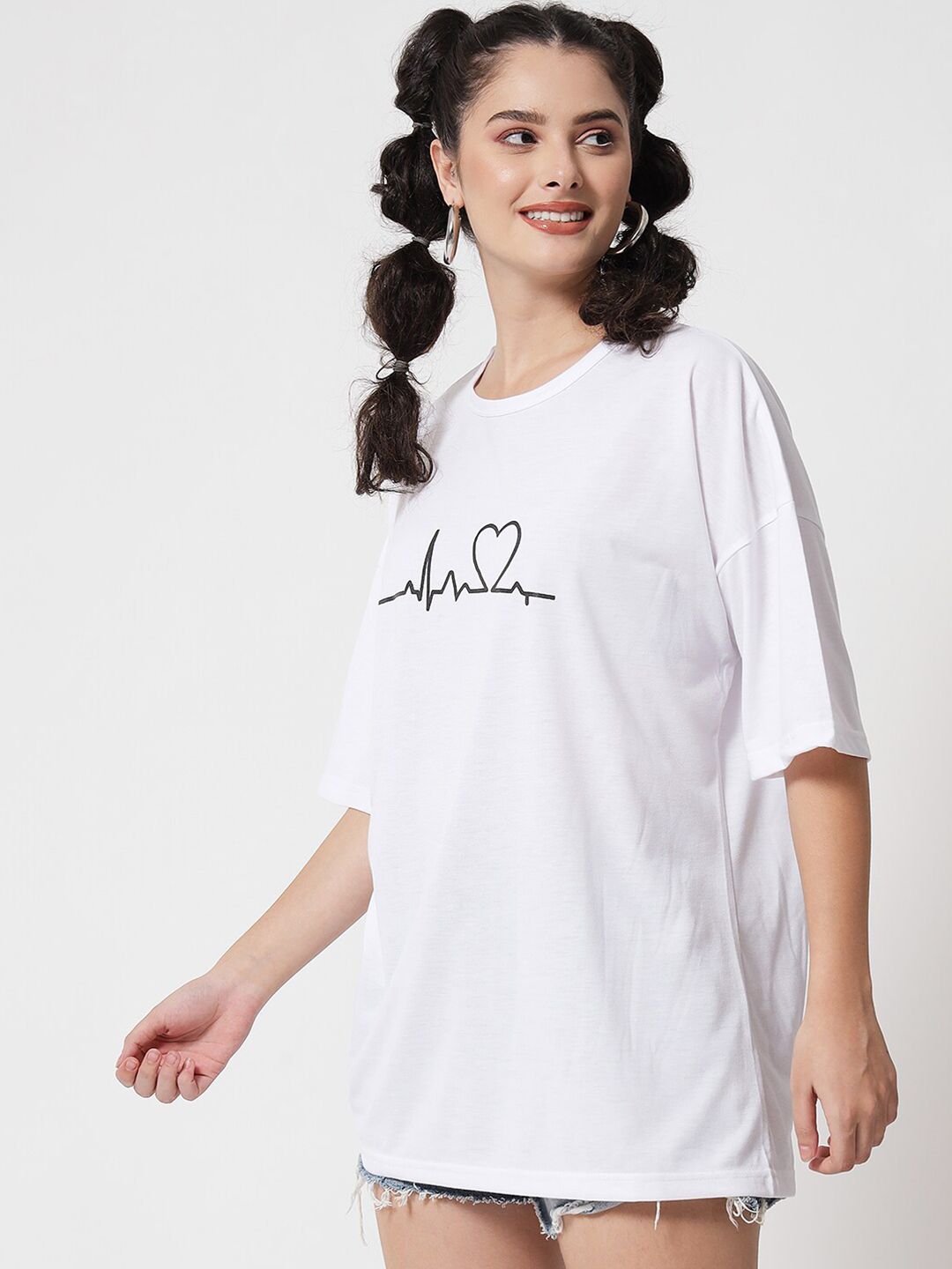 Kotty Women White Typography Printed Drop-Shoulder Sleeves Oversized T-shirt