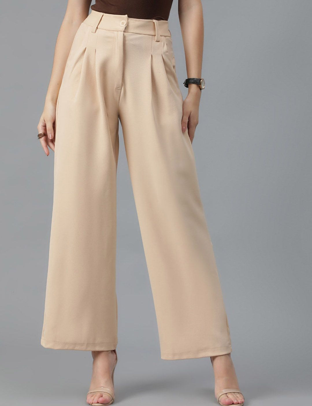 KOTTY BIZwear Women Beige Relaxed Straight Leg High-Rise Easy Wash Parallel Trousers