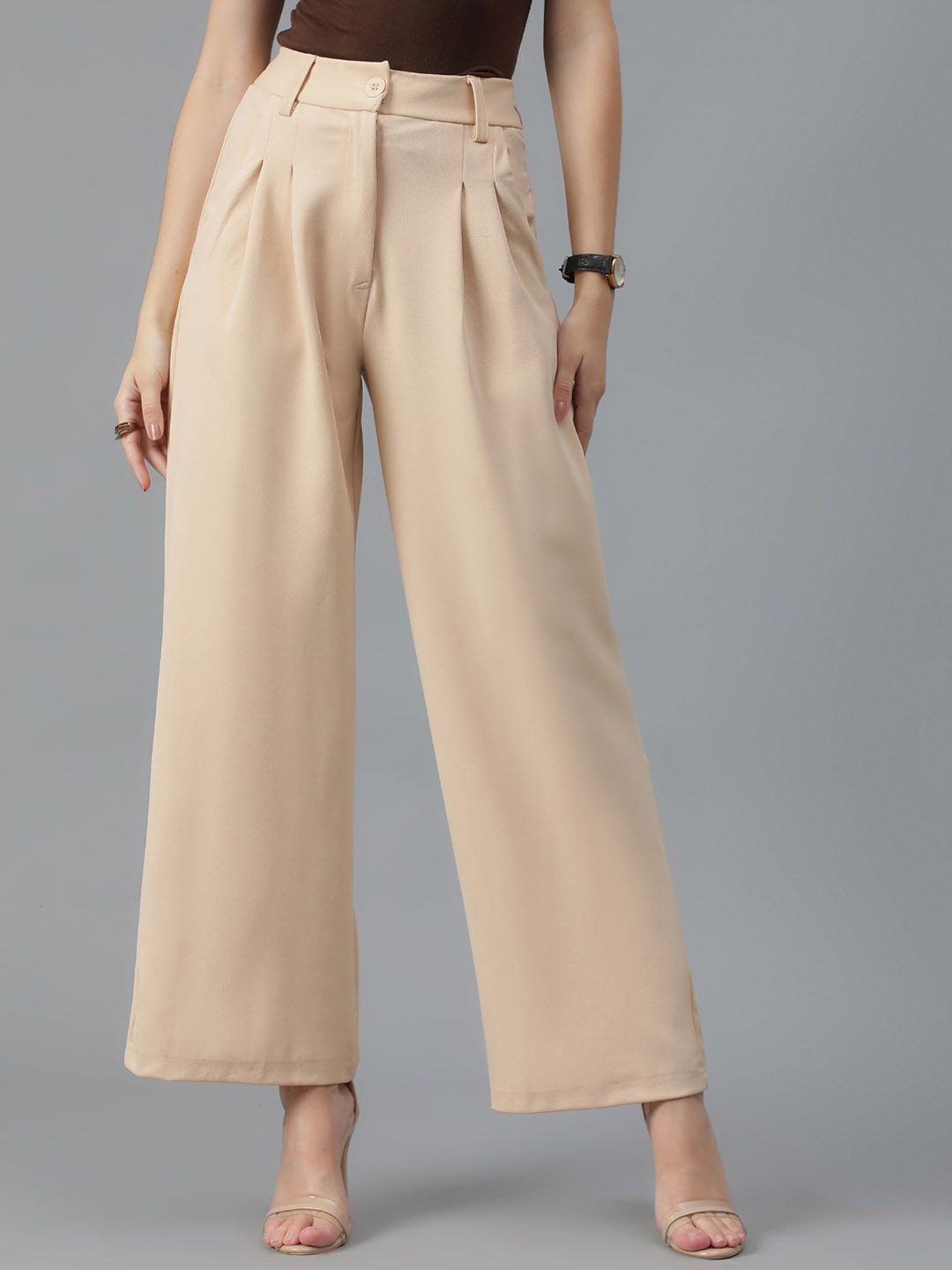 KOTTY BIZwear Women Beige Relaxed Straight Leg High-Rise Easy Wash Parallel Trousers