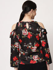 Kotty Round Neck Floral Print Cold-Shoulder Crepe Top