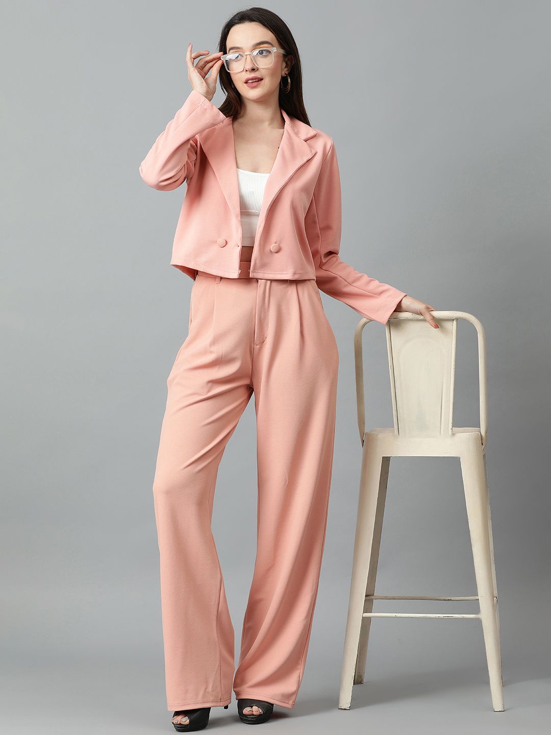 Kotty Pink Notched Lapel Collar Blazer & Mid Rise Trouser 