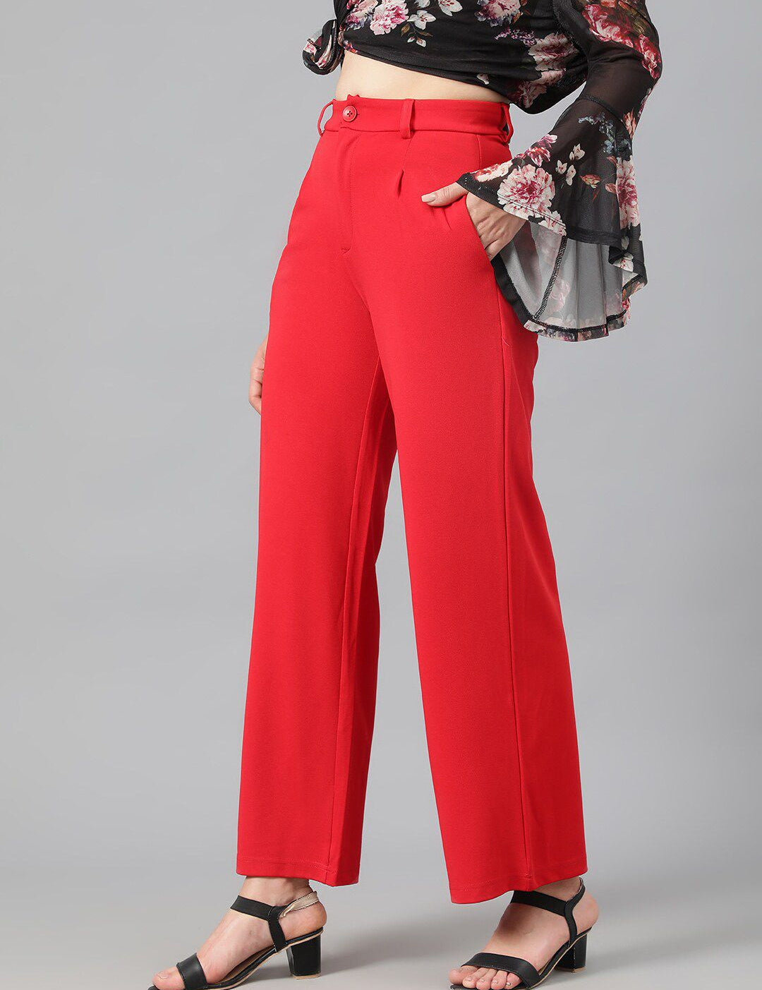 Kotty Women Red High-Rise Relaxed Wide Leg Straight Fit Easy Wash Trousers