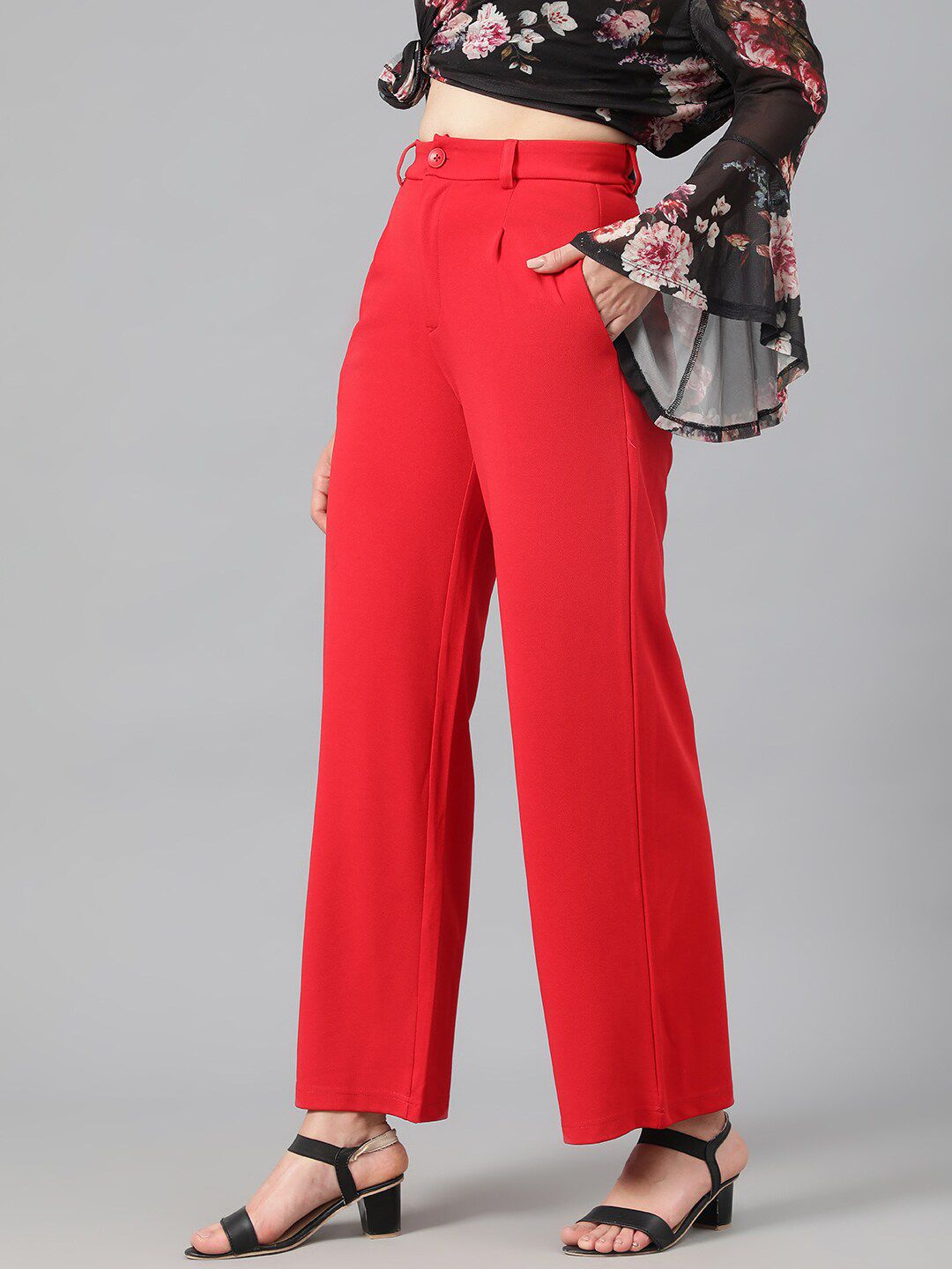 Kotty Women Red High-Rise Relaxed Wide Leg Straight Fit Easy Wash Trousers