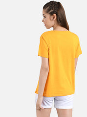 Kotty Women Mustard Yellow & White Printed Round Neck T-shirt