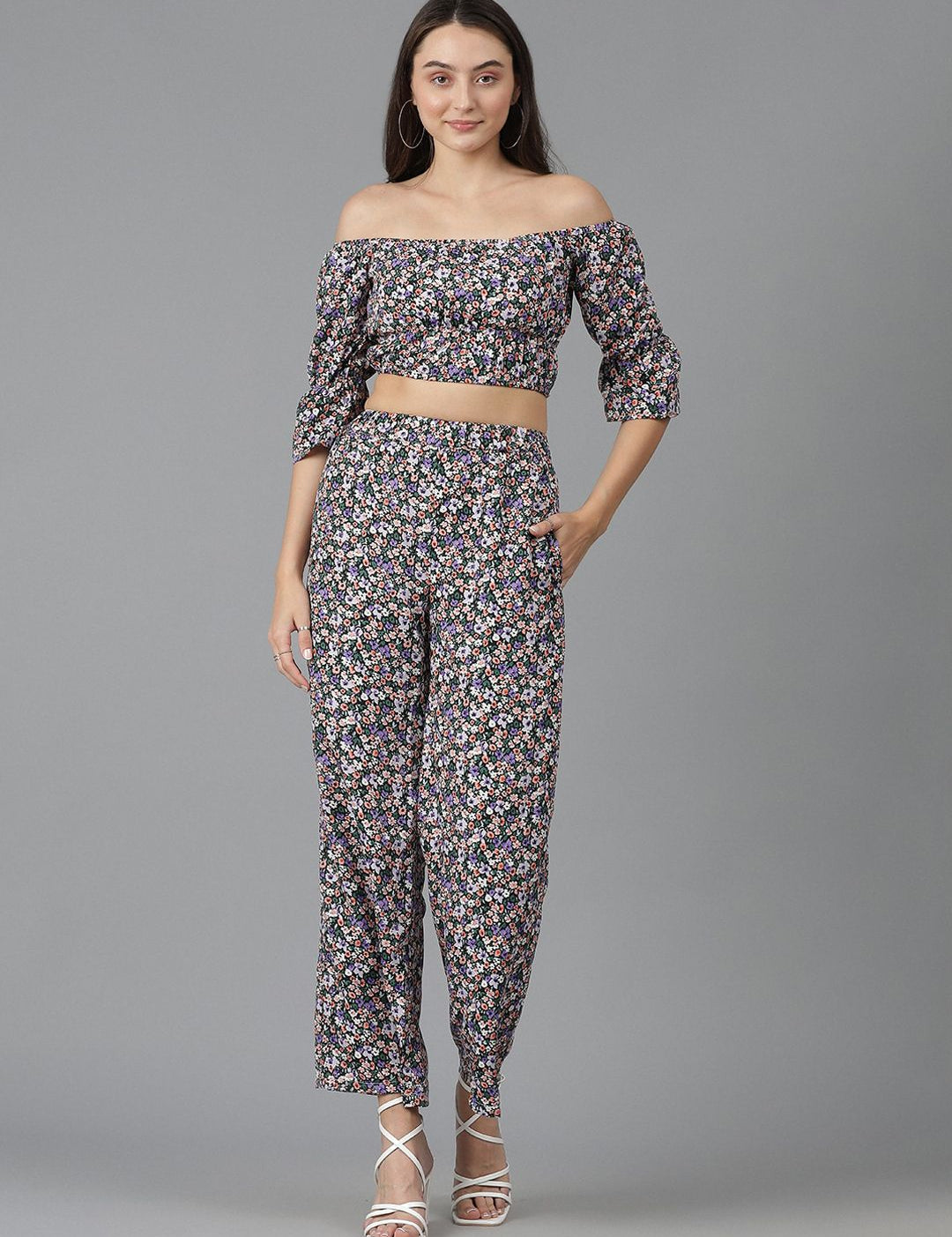Kotty Floral Printed Off-Shoulder Crop Top & Trousers