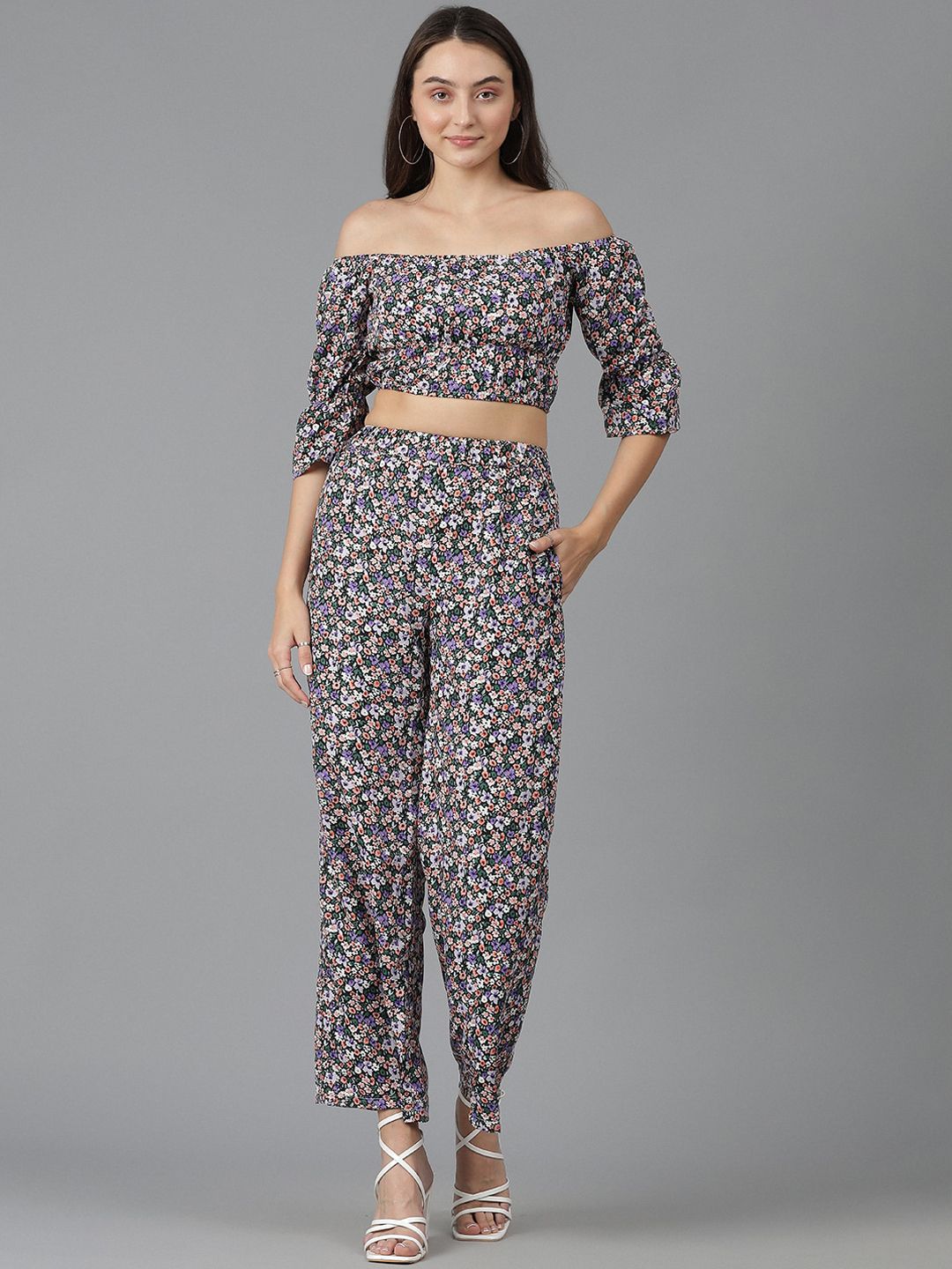 Kotty Floral Printed Off-Shoulder Crop Top & Trousers