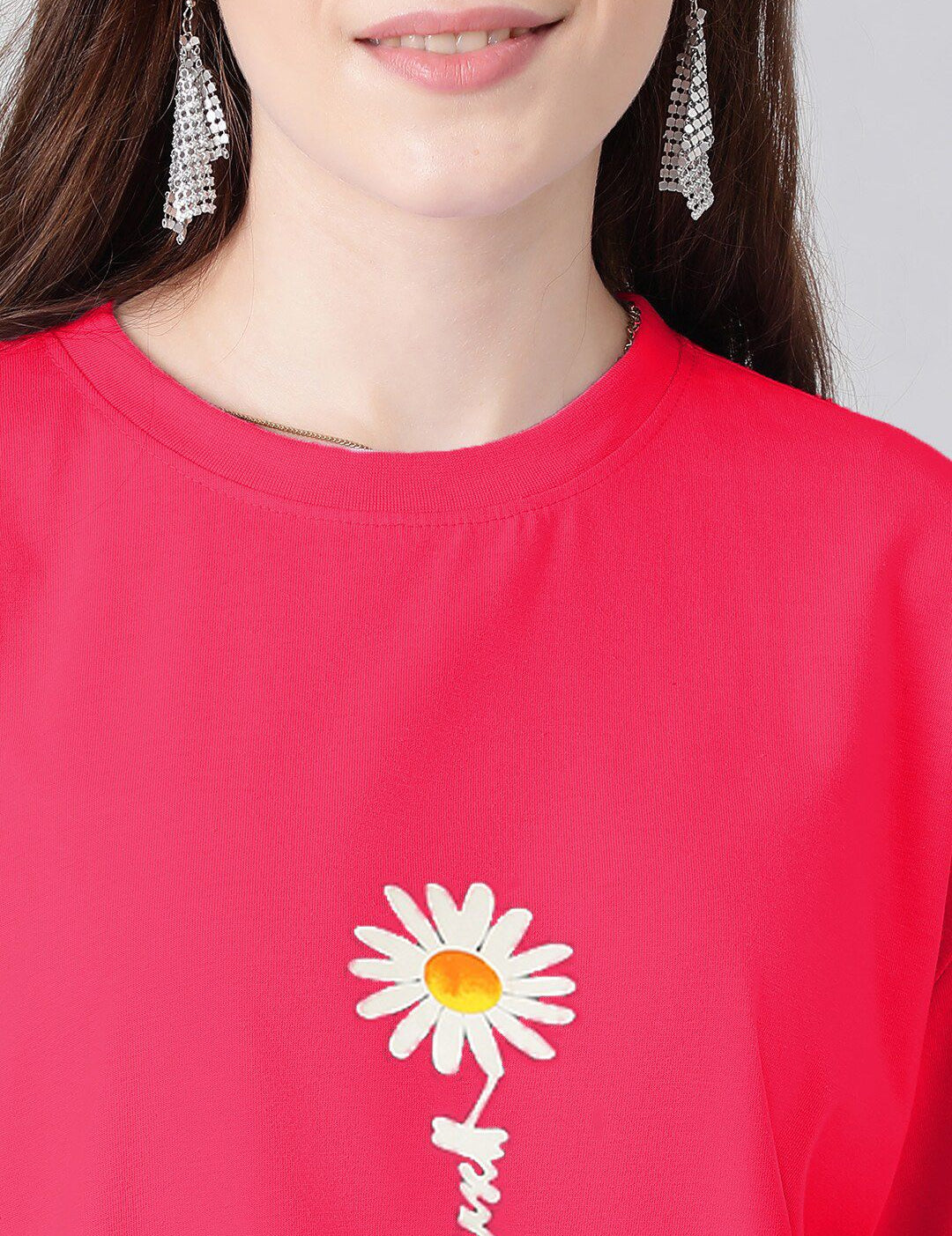 Kotty Floral Printed Round Neck Drop-Shoulder Sleeves Oversized Fit Cotton T-Shirt