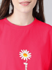 Kotty Floral Printed Round Neck Drop-Shoulder Sleeves Oversized Fit Cotton T-Shirt