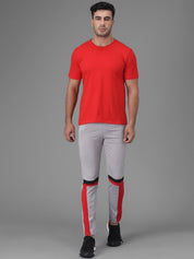 Kotty Men Grey & Red Colourblocked Straight Fit Track Pants