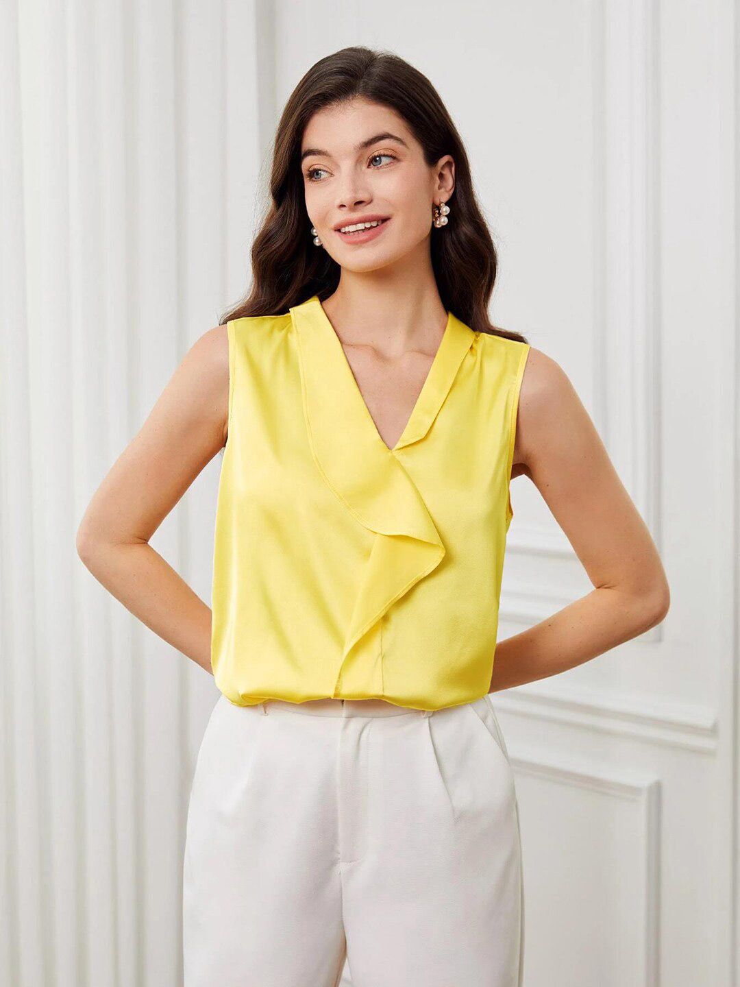 KOTTY BIZwear Yellow V-Neck Sleeveless Satin Top