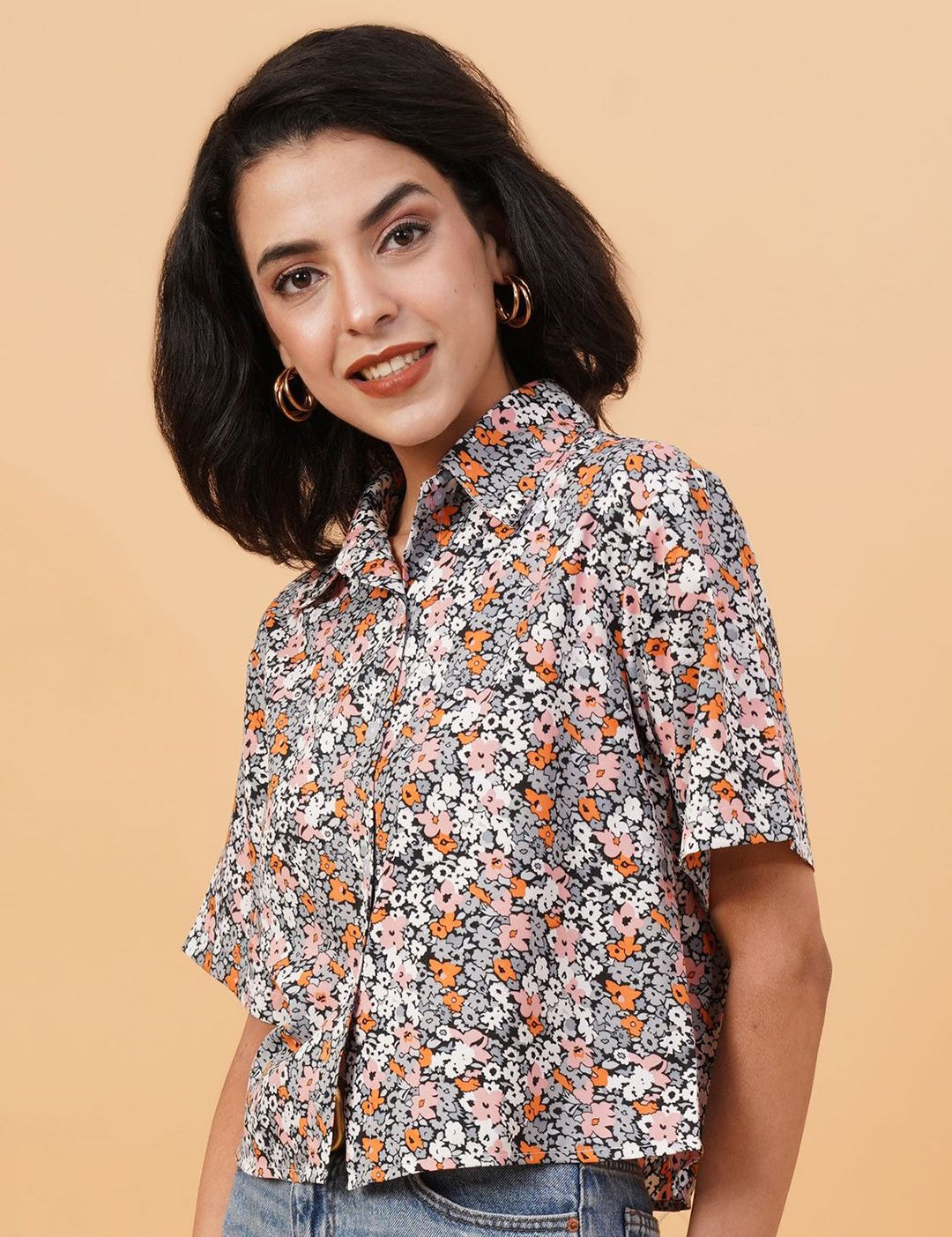Kotty Black Floral Printed Casual Shirt
