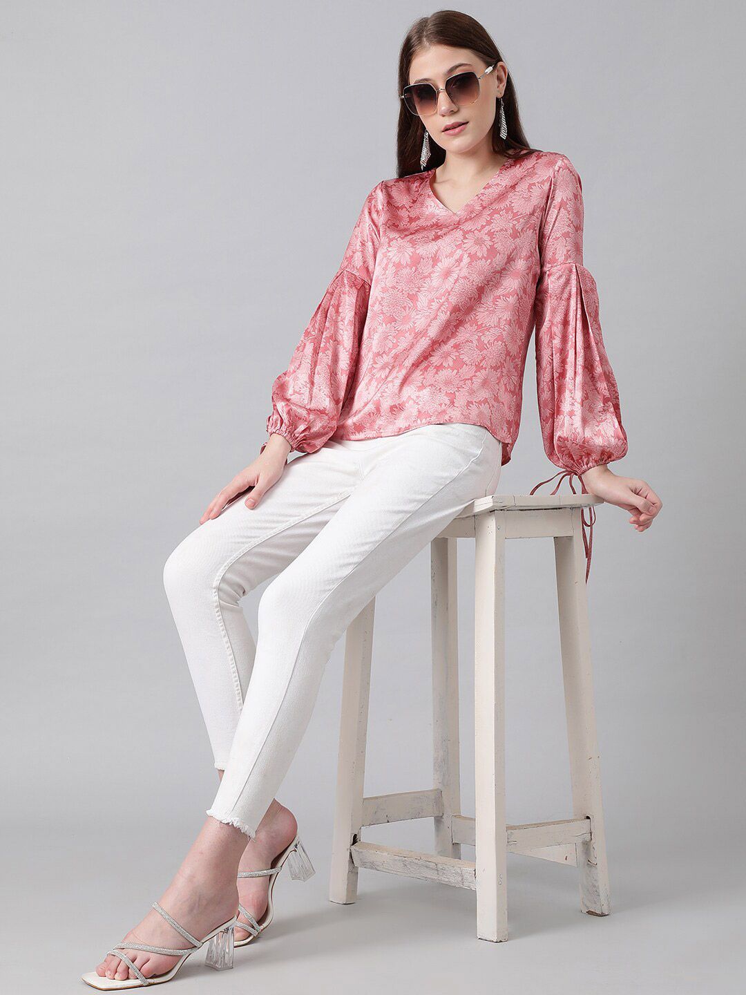Kotty Pink Floral Printed Bishop Sleeves Satin Top