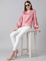 Kotty Pink Floral Printed Bishop Sleeves Satin Top