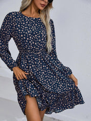 Kotty Navy Blue Floral Print Puff Sleeve Fit & Flare Dress