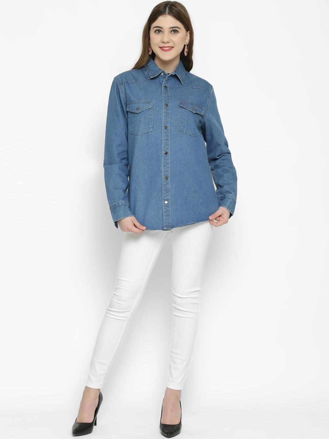 Kotty Women Blue Regular Fit Solid Denim Casual Shirt
