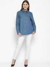 Kotty Women Blue Regular Fit Solid Denim Casual Shirt