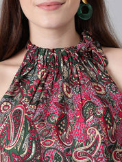 Kotty Green & Pink Ethnic Motifs Printed Halter Neck Top