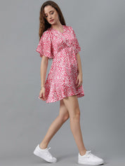 Kotty White & Red Animal Printed V Neck Flared Sleeves Crepe A Line Mini Dress