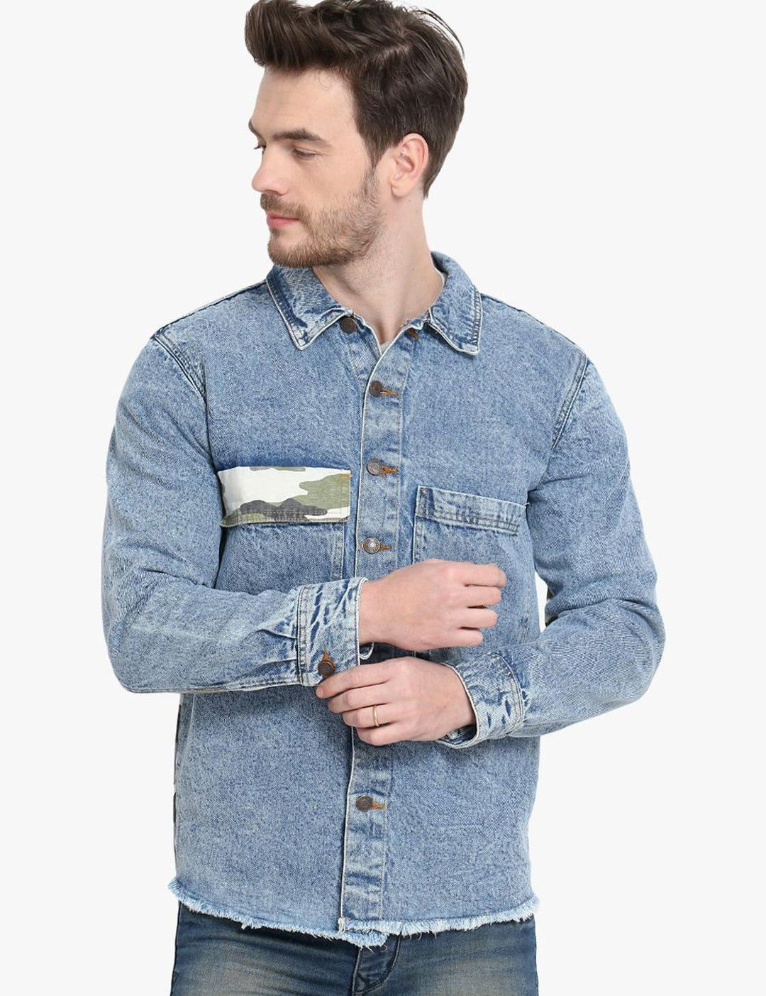 Kotty Men Blue Printed Denim Jacket