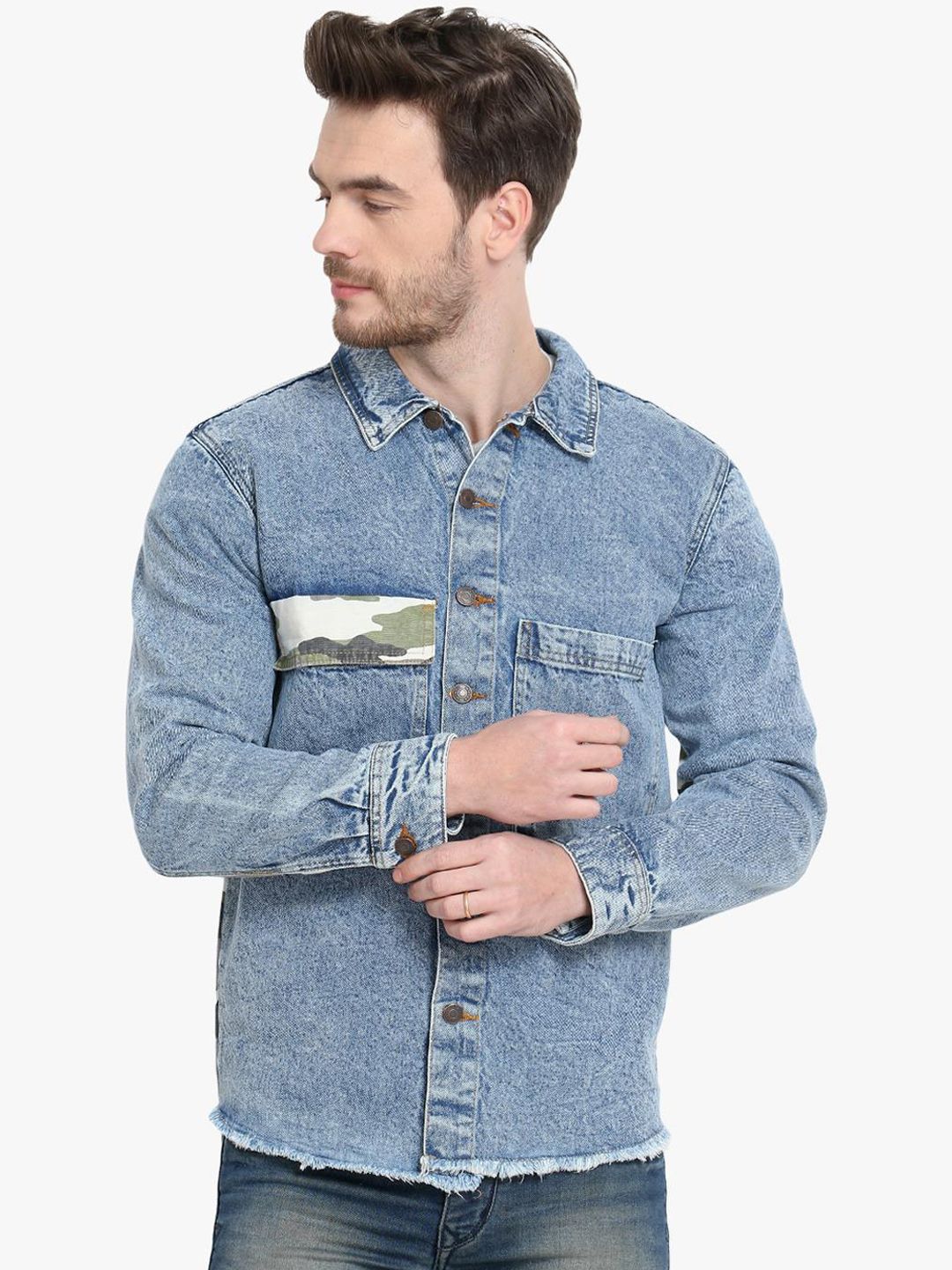 Kotty Men Blue Printed Denim Jacket