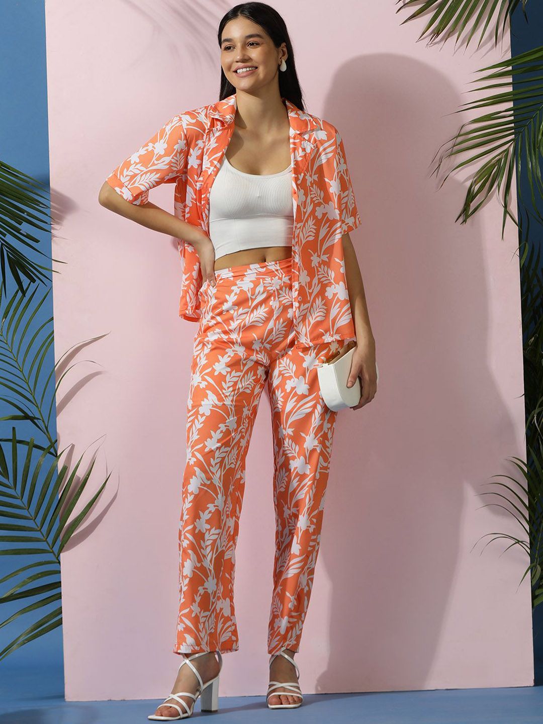 Kotty Orange Floral Printed Shirt Collar Shirt With Trousers  