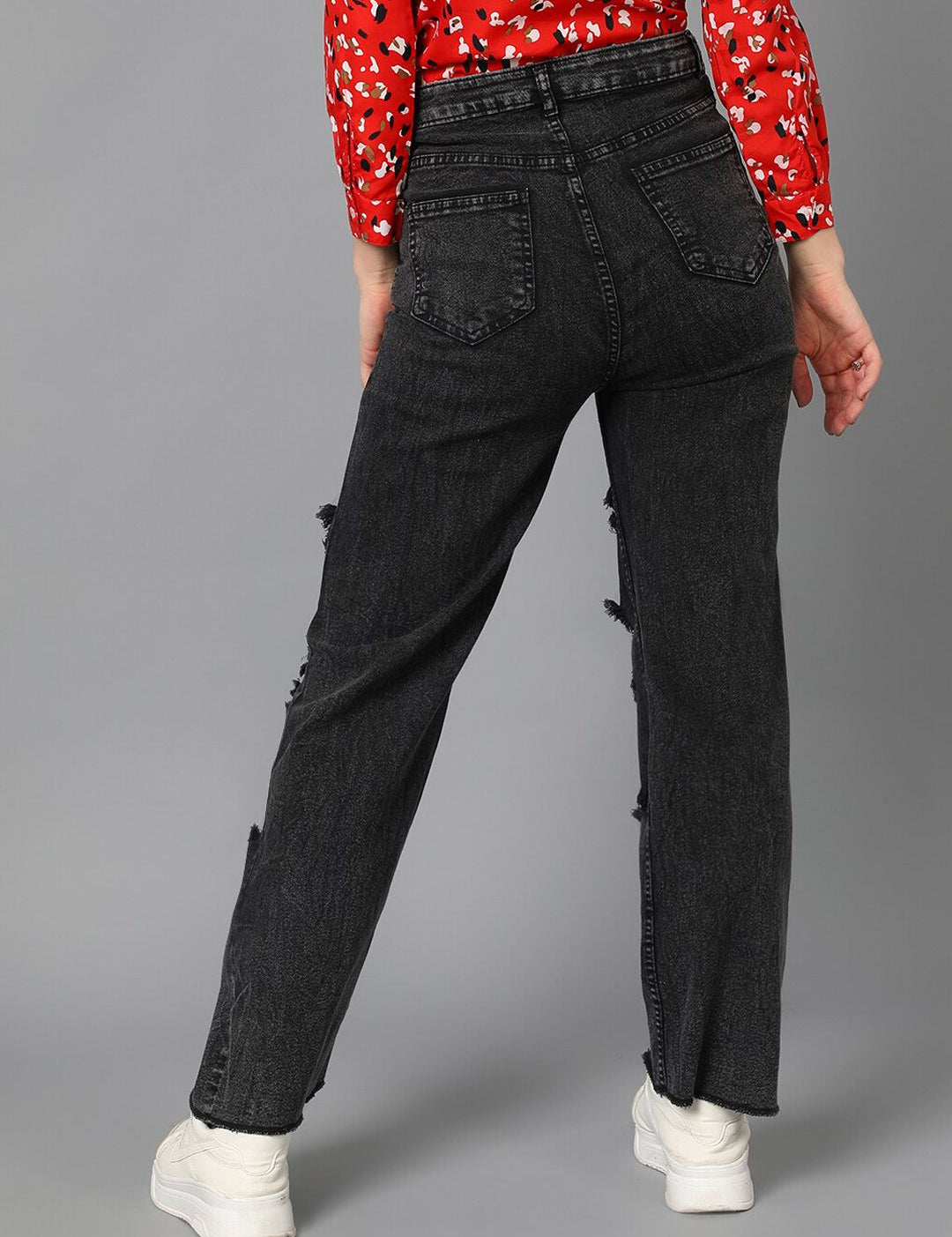 Kotty Women Black Jean Straight Fit High-Rise Highly Distressed Stretchable Jeans